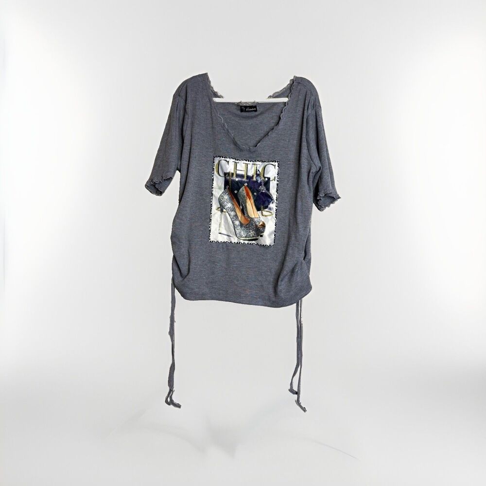 Rainbow Gray Graphic Print CHIC Tunic Top Scoop Neck Drawstring 3/4 Sleeve 2X